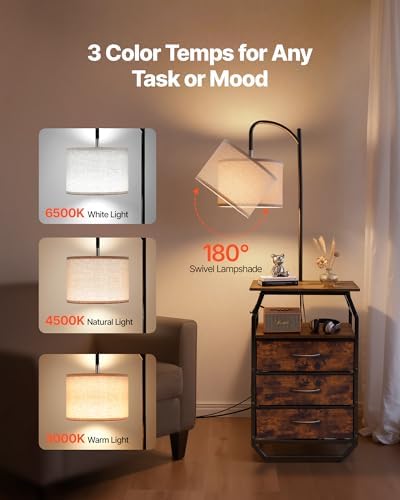 VEVOR Floor Lamp with Table, End Table with 3 Drawers and 3 Color Temperature Lighting, Modern Side Table Bedside Nightstand with USB & Type C & AC Charging Port for Living Room, Bedroom, Dorm