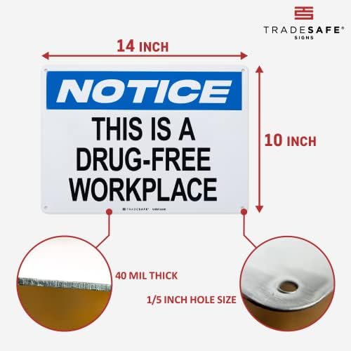 TRADESAFE This is a Drug Free Workplace Sign - Business Sign, Office Sign, Quick Install Aluminum Safety Sign, Light Reflective, UV-Resistant, Waterproof Signs for Business, 14” X 10” No Drugs Sign