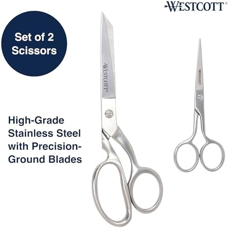 Westcott Forged 8in & 5in Scissors for Fabric and Paper Crafts, 2-Pack, Detail Snips and Heavy Duty Shears, Dressmaker Shears for Sewing, Tailoring, Quilting, Art, Office