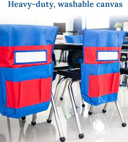 Carson Dellosa Chair Pockets for Classroom, Blue & Red, 12-Pack | Durable 15x19" Chairback Buddy for Classroom Supplies, Desk Buddy Pocket Organizer with Name Tag, Back of Chair Storage