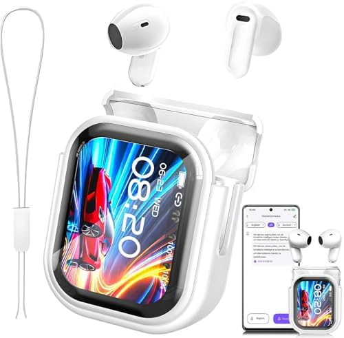 NE20 Earbuds, 2025 New NE20 AI Translation Earbuds in Real Time, Language Translator Headphones with LCD Touch Screen Audifonos Traductores Inglés Español Support 140 Languages for Travel White