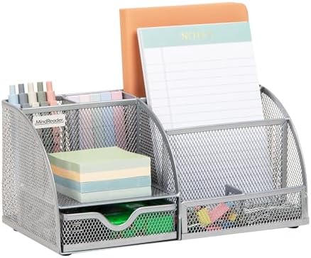Mind Reader 7-Compartment Desktop Organizer, Metal Mesh Desk Organizer for Pens, Sticky Notes, Mail and Office Supplies, Silver