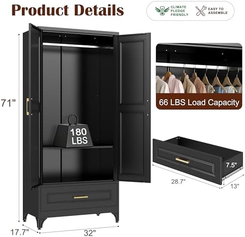 SteeLoong 71”H Metal Wardrobe Cabinet,Armoire Wardrobe Closet with Drawer
