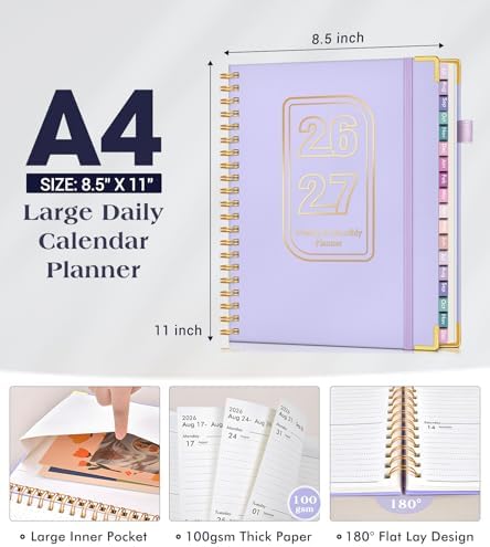 Academic Planner 2026-2027, 18 Months Weekly and Monthly Hardcover Planner, July 2026 - December 2027, 8.5" x 11" A4 Large Daily Calendar Planner Book with Tabs, Spiral College School Agenda Organizer for Student Teacher, Purple