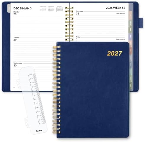 SUNEE 2027 Weekly & Monthly Planner 6.2"x8.5"- 12 Month (January 2027 - December 2027), Vegan Leather Cover, Pocket, Bookmark, Notes, Monthly Tab, Deep Blue