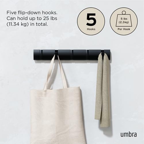 Umbra Flip Coat Rack, Wall Mounted 5-Hook Space Saving, Black/Black