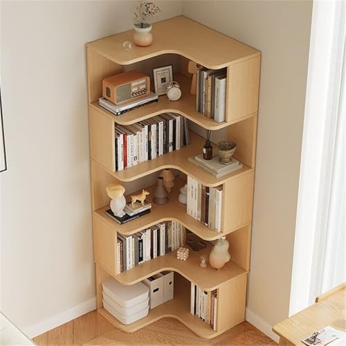 Vertical Wall Corner Shelf with Open Back 6-Shelf Wood Corner Bookshelf Floor Book Rack Multi-Layer Storage Shelf Against the Wall Bookcase Natural 24" L x 24" W x 63" H