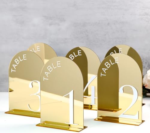 Gold Mirror Arch Wedding Table Numbers 1-15 with Stands