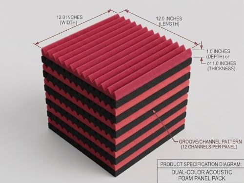 52 Pack Black/red 12 "X 12 "X1" Acoustic Panels Studio Soundproofing Foam(Accompanied By Double-Sided Adhesive Tape)