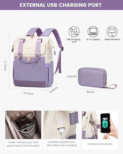 LOVEVOOK Laptop Backpack for Women, 15.6 Inch Work Laptop Bag with USB Port, Fashion Teacher Nurse Backpack Purse, Waterproof Travel Computer Backpack with Organizer Bag, 2PCS, Beige-Light Purple