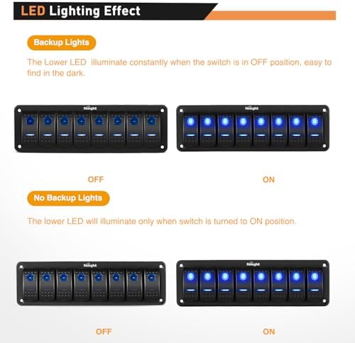 Nilight 8 Gang Rocker Switch Panel SPST On Off 5PIN Electrical Toggle Blue
