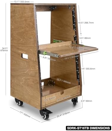 Sound Town DIY Slanted 16U Studio Rack (8U Top + 8U Lower), with 2U Bottom Storage, Slide-Out Tray, Caster, Plywood, Weathered Brown for Recording Room, Home Studio (SDRK-ST16TB)