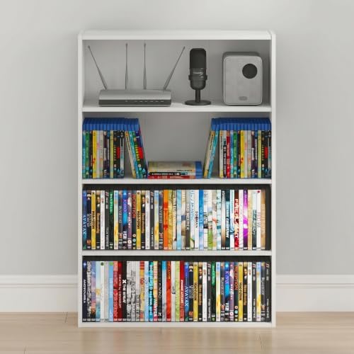 Furinno Basic DVD Shelf, 4-Tier CD Rack, Media Shelf, White | 6 x 24 x 35, Open Shelf for DVD Blueray Game Disc, Storage Cabinets, for Living Room, Bedroom, Home Office