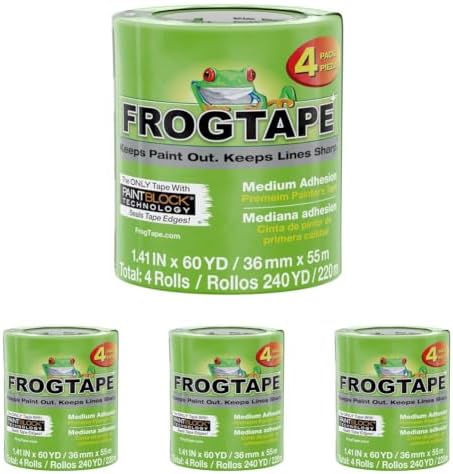 FrogTape Multi-Surface Painters Tape with PAINTBLOCK,1.5 Inch Wide (1.41 in. x 60 Yds),Medium Adhesion,Green,4 Rolls (240660),(Pack of 4)