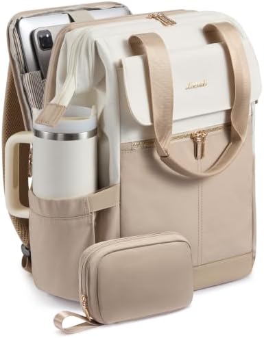 LOVEVOOK Laptop Backpack for Women with Giant Tumbler Holder, 15.6 Inch Work Laptop Bag with USB Port, Fashion Teacher Nurse Backpack Purse, Waterproof Travel Computer Backpack, 2PCS, Beige-Khaki