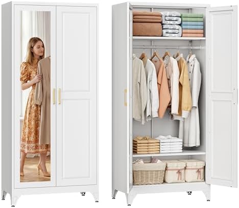 SteeLoong 71”Armoire Wardrobe Close,White Wardrobe Cabinet with Mirror Door
