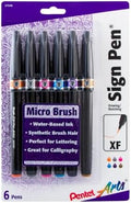 Pentel Arts Sign Pen Micro Brush, Assorted Ink, (F/N/P/S/V/Y) 6-pk (SESF30BP6M1)