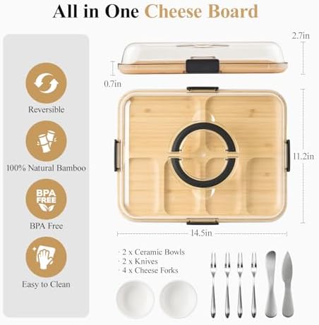 Portable Bamboo Charcuterie Board with Lid, 6 Compartments