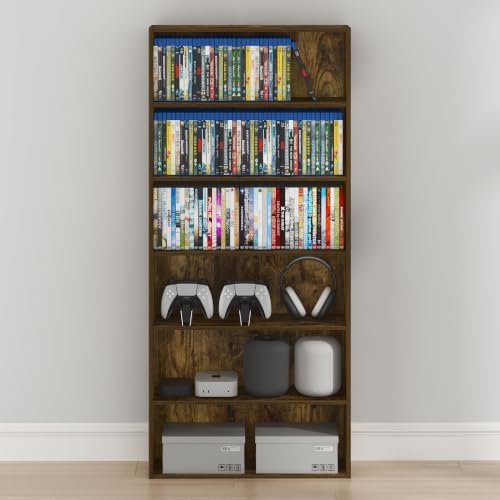 Furinno Basic DVD Shelf, 6-Tier Media Shelf, CD Rack, Amber Pine | 7 x 24 x 53, Open Shelf for DVD Blueray Game Disc, Cube Storage Organizer, for Living Room, Bedroom, Home Office
