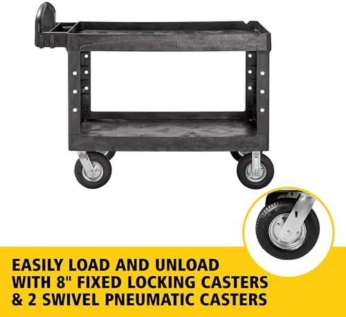 Rubbermaid Commercial Products BRUTE Heavy Duty 2-Shelf Utility/Service Cart, Pneumatic Casters, Medium, Lipped Shelves, Ergonomic Handle, 750 lb Capacity, Black, for Warehouse/Garage/Cleaning/Office