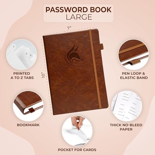 Clever Fox Password Book with Alphabetical Tabs, 7"x10" Keeper Brown