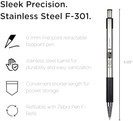 Zebra Pen F-301 STEEL Ballpoint Pen, Black/Blue/Red Ink, 0.7mm, 4-Pack