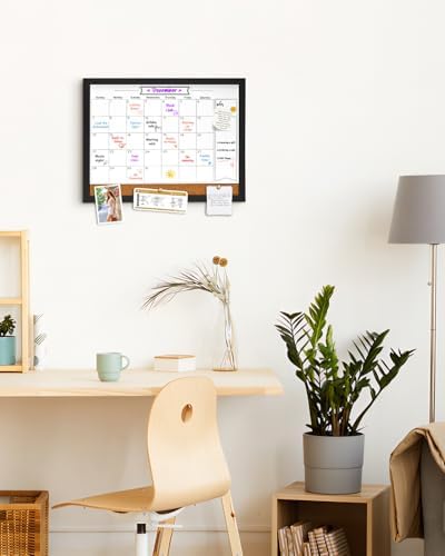 Dry Erase Calendar Whiteboard for Wall, Magnetic 13" x 17" Combination Dry Erase Board & Bulletin Board, 2in1 White Board Cork Board Combo(Black)