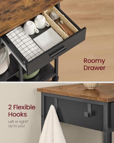 VASAGLE Kitchen Island Cart with Storage, Drawer, Adjustable Shelf, 2 Hooks | Portable Kitchen island On Wheels, Small Cart, 23.6" Width, Rustic Brown and Ink Black, BARNET Collection UKKI007KD01