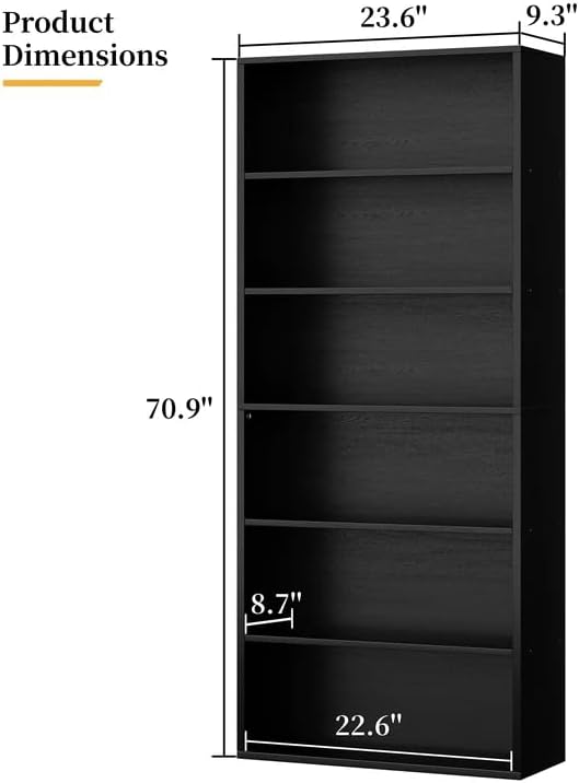Shintenchi Bookshelf,6-Tier Open Bookcase and Bookshelves,6 Shelf Display Storage Shelves Floor Standing 70.6 inches Tall Bookcase for Home Office, Living Room (Black)