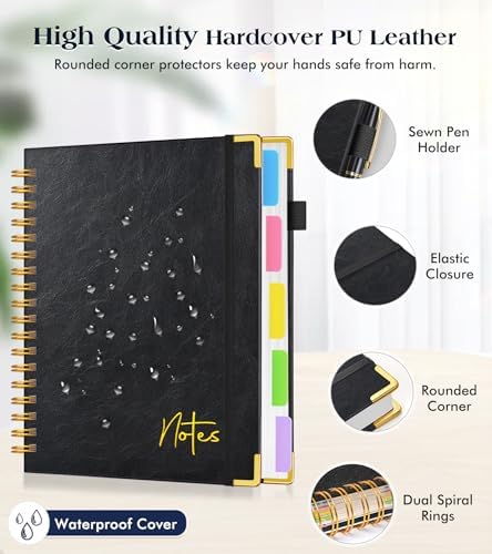 Spiral Notebook Journal with Removable Dividers Tabs, 300 Pages Hardcover Leather 5 Subject College Ruled Notebook, 8"x10" Large B5 Lined Journal for Women Men, Spiral Notebooks for Work School, Black