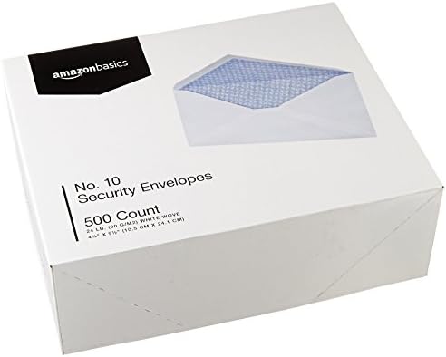 Amazon Basics #10 Security Tinted Business Envelopes for Documents and Invoices,Quality Seal,4-1/8" x 9-1/2",White,500 Count (Pack of 5)