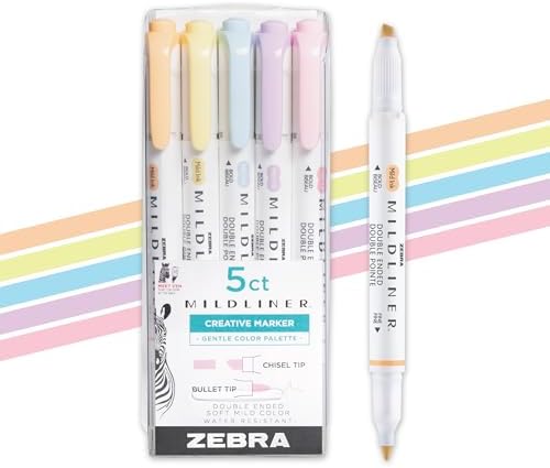 Zebra Pen MILDLINER No Bleed Highlighter, Gentle Colors, Dual Tip, 5-Pack
