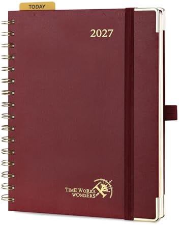 POPRUN 2027 Planner Daily Weekly and Monthly Calendar with Hourly Schedule(Medium Size 8.5'' x 6.25'' Wire-Bound Hard Cover) - Agenda 2027 (Jan.2027-Dec.2027), Monthly Tabs - Burgundy