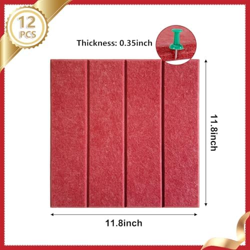 12 Pack Felt Bulletin Board, 35" x 47" Large Red Pinboard with 30 Push Pins, Square Felt Pin Board, Self-Adhesive Cork Board Tiles for Home, Office Walls, School Classroom Message Photos Display