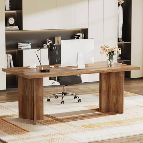 Tribesigns 63-inch Executive Desk, Vintage Home Office Computer Desk with Large Tabletop, Farmhouse Wood Writing Conference Table Workstation for Office, Study, Walnut Brown