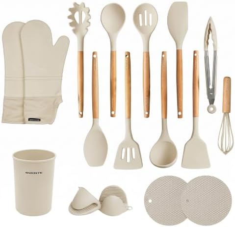 OVENTE Silicone Cooking Utensils Set, 17pcs, Heat Resistant, Cream SPS17CR