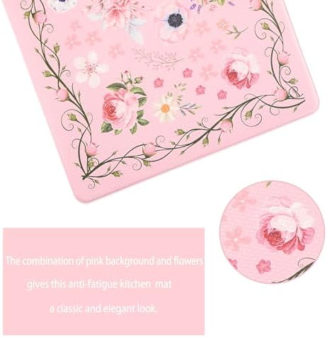 Pink Kitchen Mats for Floor Floral Cushioned Anti Fatigue Mats for Kitchen Floor for Sink, Stove, Desk, Laundry,17"x30"+17"x47", Baby Pink