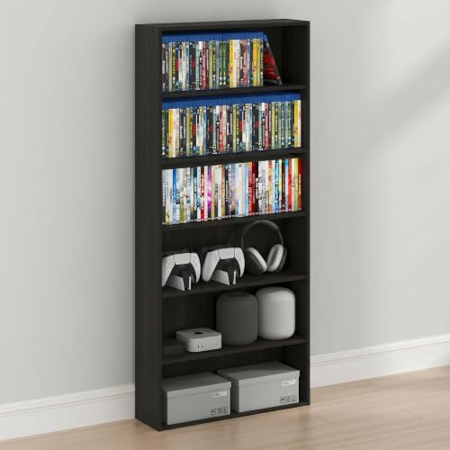 Furinno Basic DVD Shelf, 6-Tier Media Shelf, CD Rack, Espresso | 7 x 24 x 53, Open Shelf for DVD Blueray Game Disc, Cube Storage Organizer, for Living Room, Bedroom, Home Office