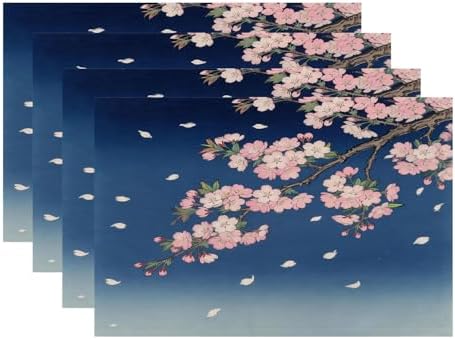 Batmerry Retro Japanese Cherry Blossom Linen Placemats Set of 4, Deep Indigo Flowers Washable Table Mats for Kitchen Table Thickened Heat Insulation Dining Set Indoor Outdoor 12X18 in
