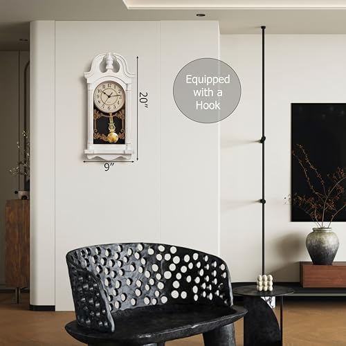 Clockswise Vintage Grandfather-Style Wall Clock with Wood-Effect Plastic Pendulum Battery-Operated for Home Decor Living Room Home Office Kitchen or Dining Room (White)