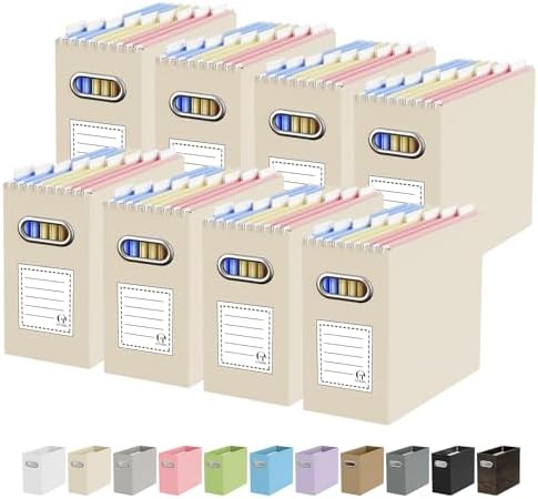 Oterri Portable Collapsible Cardboard File Box with Handle for Letter-Size | 8-Pack. Stainless Steel Handle. Label Stickers Included. Fits Letter Folders (Not Included). Home, Office, School, Dorm, Tax.