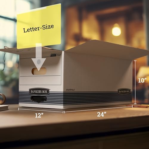 Bankers Box 12-Pack String & Button Medium-Duty File Box, Letter, FastFold | Keep important records buttoned up with secure closure, FastFold setup, reinforced handles, and stackable strength.