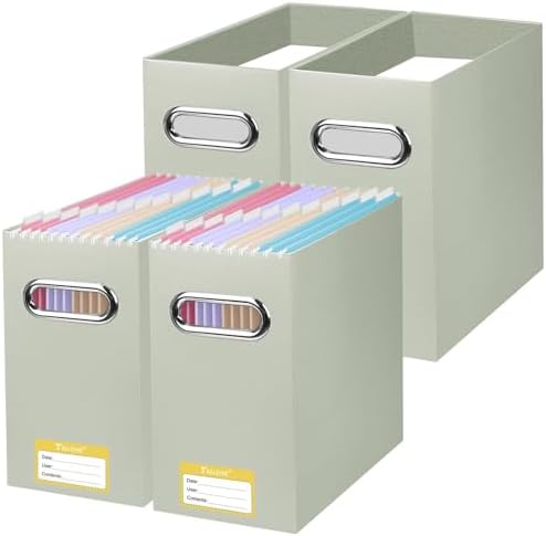BALEINE 4PK File Organizer Box, Cardboard File Folder Organizer with Handle | Strong Corrugated Paper Core, Label Stickers for Identification, Hanging File Folder Organizer, Home Office Document Storage
