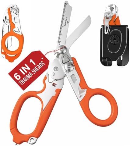 Heavy Duty 6 in 1 Multifunctional Trauma Shears Foldable | Stainless Steel emergency response scissors | Survival Shears with Holster | Medical Trauma shears Tactical With Strap Cutter | Orange