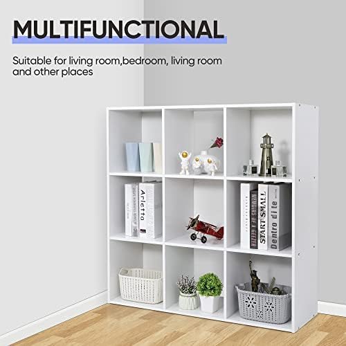 JupiterForce 9 Cube Storage Organizer, Wooden Cube Shelf W/ 5 Removable Back Panels, Customizable Cube Bookcase Bookshelf Freestanding Display Shelf for Home, Office, Bedroom and Living Room (White)