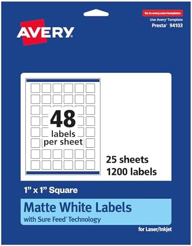 Avery® Matte White Square Labels, Sure Feed® Technology, 1" x 1", 1,200 Matte White Printable Labels