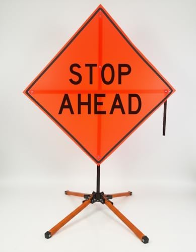 Traffic Roll-Up Sign Kit with Stand – Collapsible Safety Sign & Heavy-Duty Portable Stand, High Visibility, Easy Setup (Stop Ahead, Mesh)