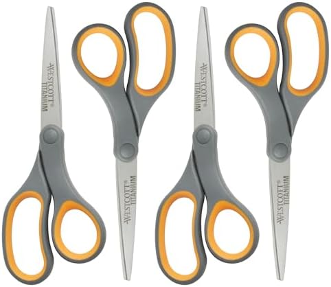 Westcott 8-Inch Titanium Bonded Straight Scissors, Soft Handle, Gray/Yellow, 4-Pack