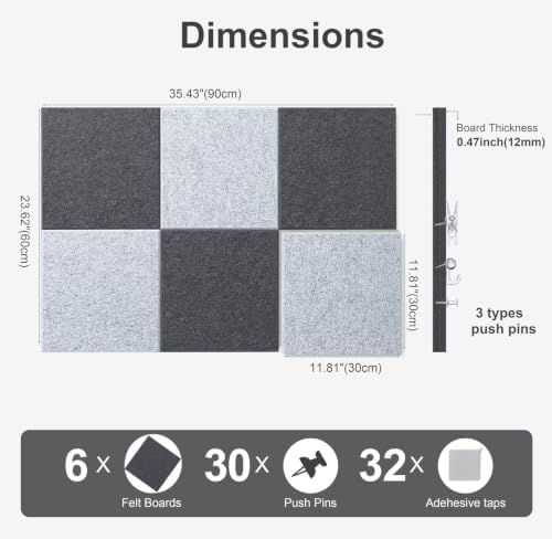 0.47" Thick Felt Pin Board 36"x24" Large Cork Board Alternative 6 Pack 11.81"x11.81"Felt Bulletin Board Wall Tiles Notice Board with 30 Pushpins for Home Office School(Silver&Dgrey)