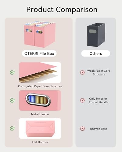 Oterri Portable Collapsible Cardboard File Box with Handle for Letter-Size | 4-Pack. Stainless Steel Handle. Label Stickers Included. Fits Letter Folders (Not Included). Home, Office, School, Dorm, Tax.